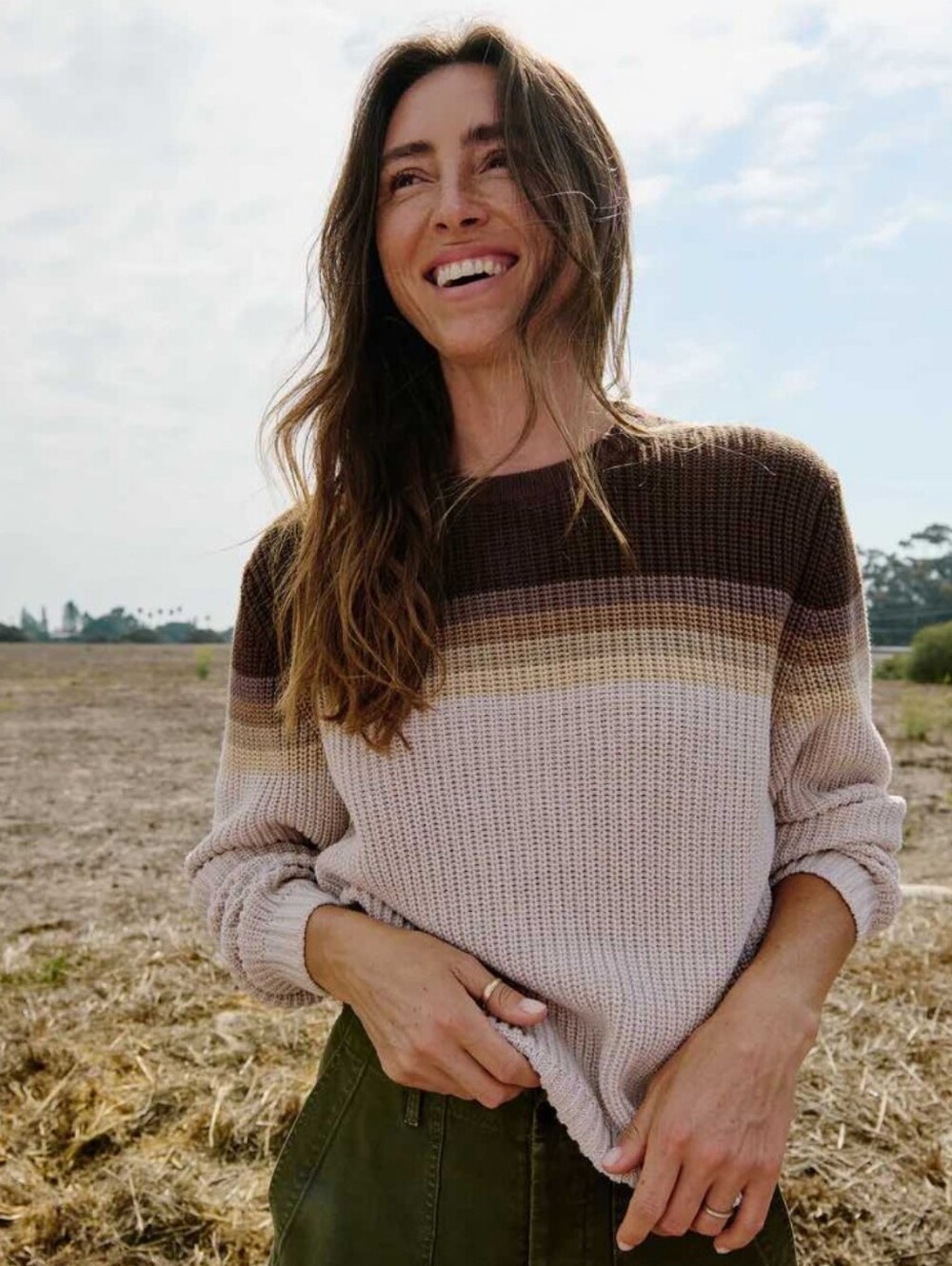 Outerknown Women's Earthbow Sweater in Cream with Brown and Taupe Stripes